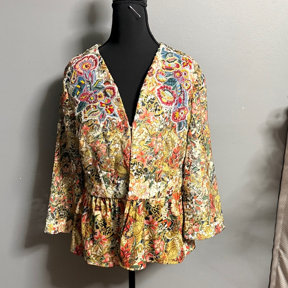 Soft Surroundings size medium Floral Embroidered Peplum Jacket - Multi color